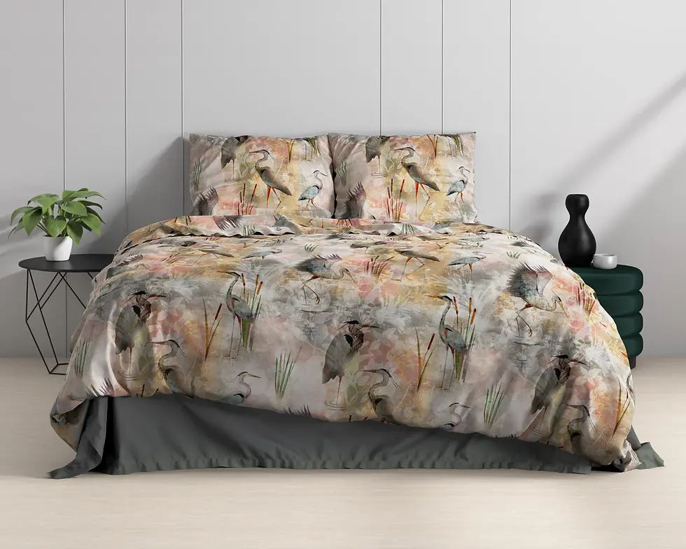 Miniatura: parure de lit coton ensemble housse de couette et taies d'oreiller coton de satin beige oiseaux héron