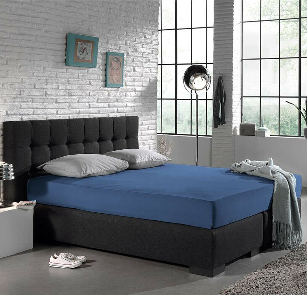 Drap housse double jersey bonnet 30 cm bleu oeco tex