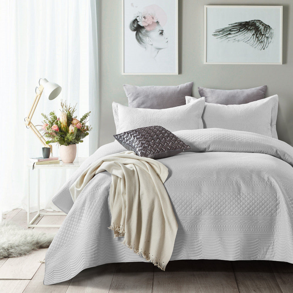 Boutis, Édredon, Taies d'Oreiller, Set 3pcs, Jet de lit, Couvre lit, Couette, Classique, Baroque, Antique, Blanc