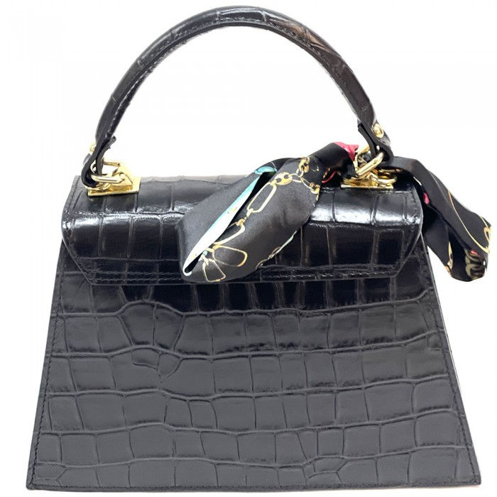 Miniaturbild: Élégant sac à main italien en cuir véritable noir, finition effet croco, idéal pour un look chic et raffiné.