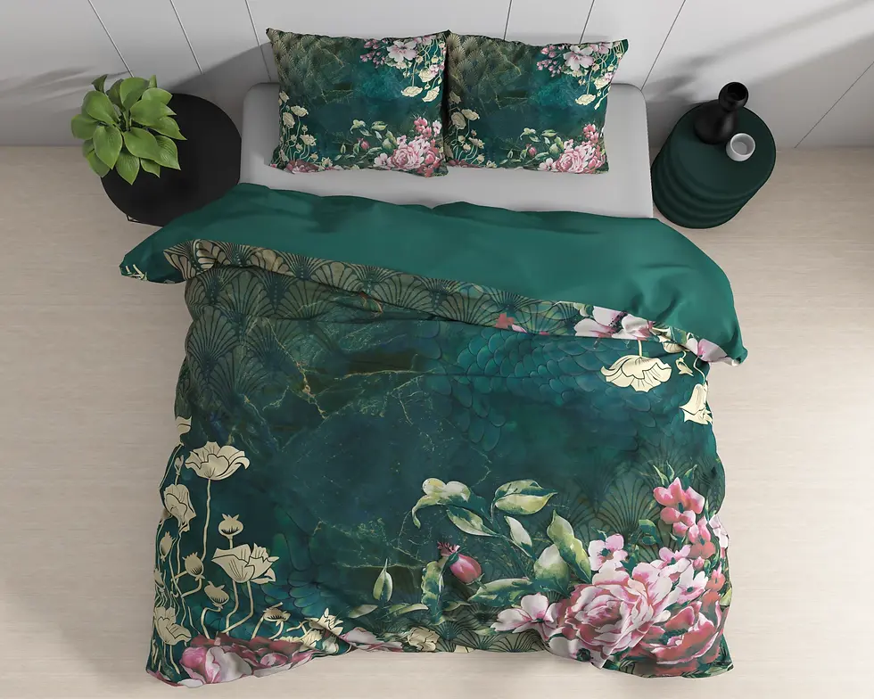 parure de lit satin de coton ensemble housse de couette et taies d'oreiller vert pétrole rose rouge