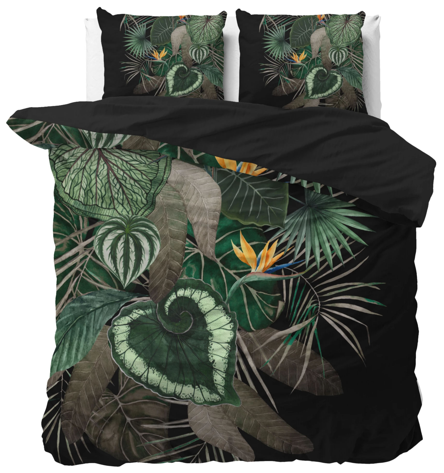Parure de lit noire, feuilles tropicales sombres, INKA