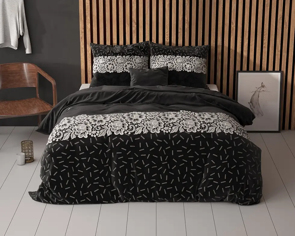 parure de lit coton ensemble housse de couette et taies d'oreiller  moderne retro dentelle fleurs noir blanc anthracite