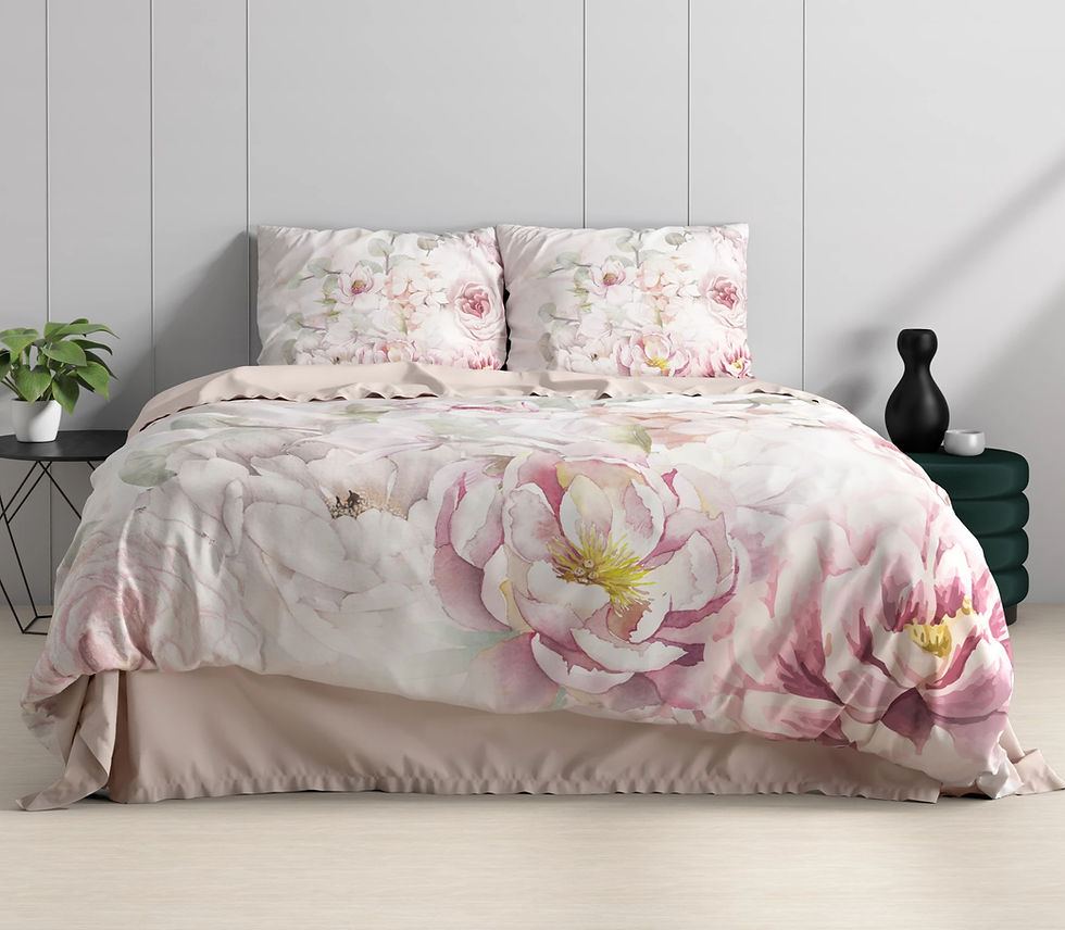 Miniature : Parure de lit 100% Satin de Coton Blanc Rose Crème Motif Fleurs Made in Europe