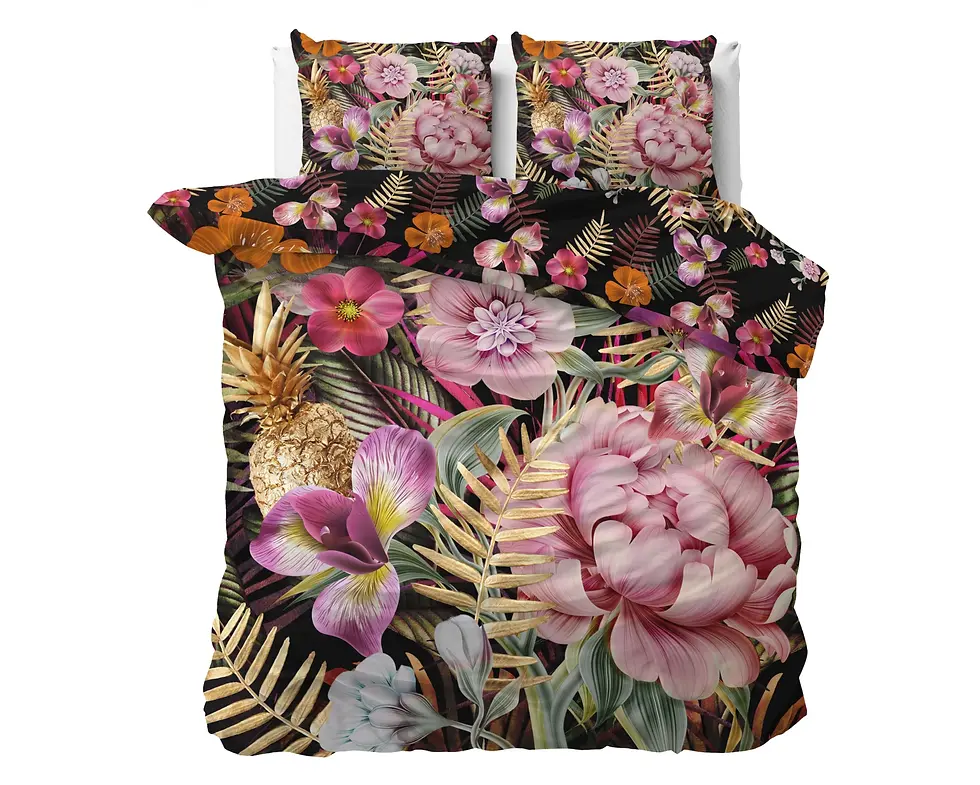 Miniatura: ensemble 3 pcs-parure de lit-housse de couette-taies d'oreiller- satin de coton-multi-noir-rose-made-in-europe