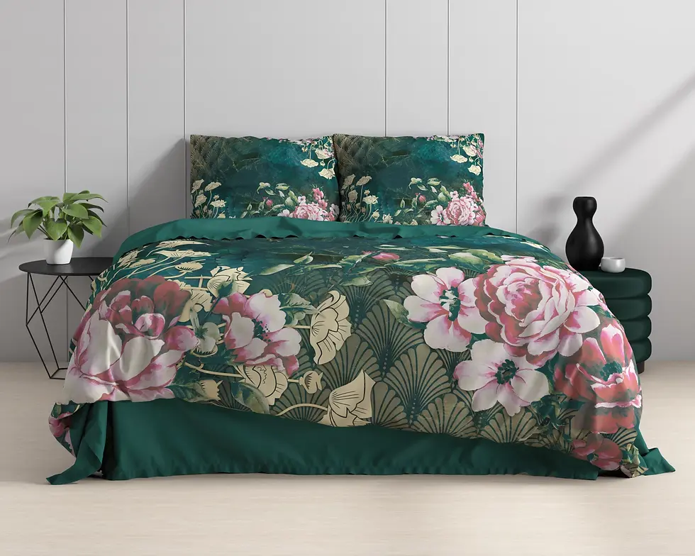 Miniatura: parure de lit satin de coton ensemble housse de couette et taies d'oreiller vert pétrole rose rouge