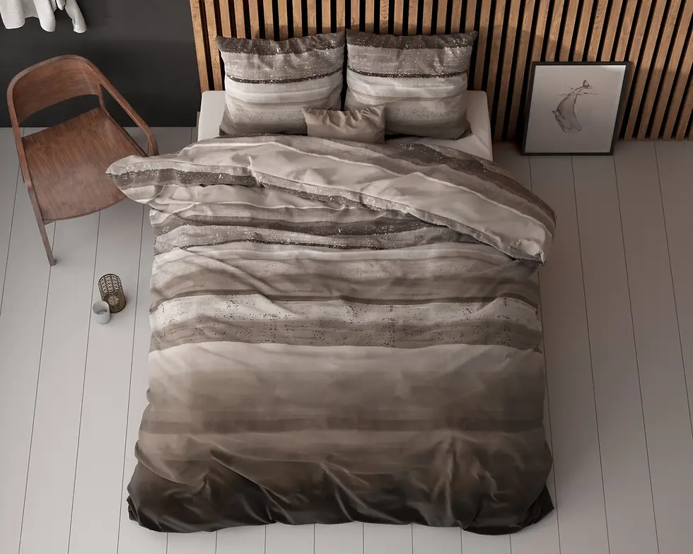 parure de lit coton ensemble housse de couette et taies d'oreiller  moderne retro vintage raye taupe marron
