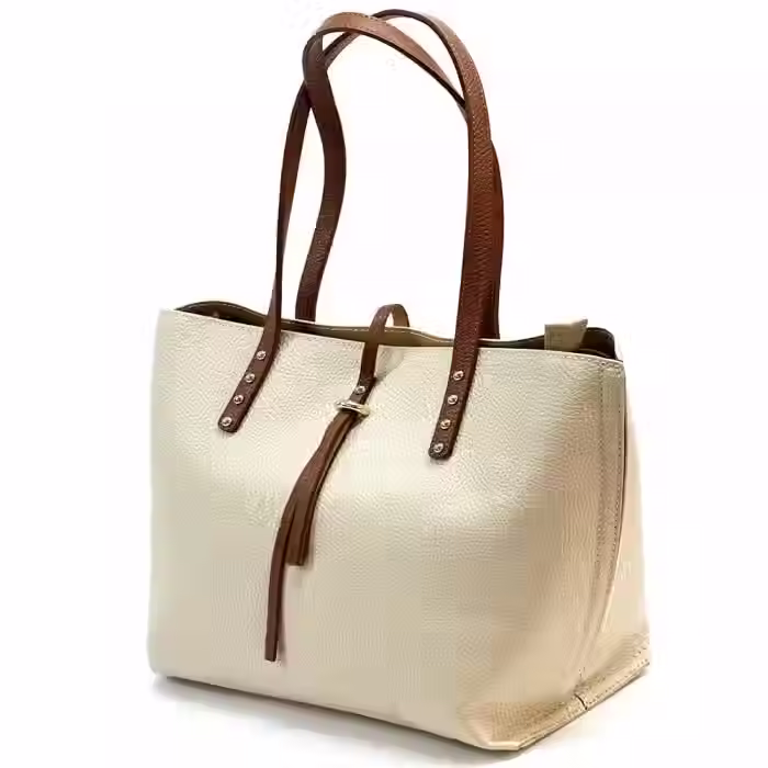 Miniaturbild: Sac à main cabas italien avec bandoulière, porté épaule crème marron.