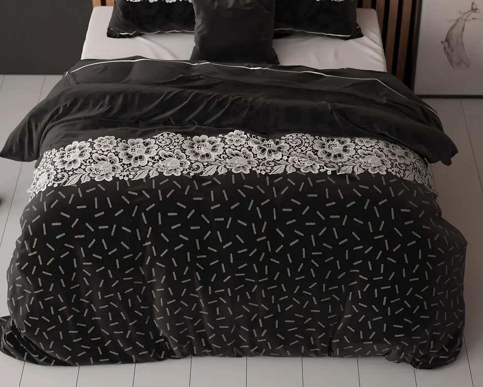 Thumbnail: parure de lit coton ensemble housse de couette et taies d'oreiller  moderne retro dentelle fleurs noir blanc anthracite