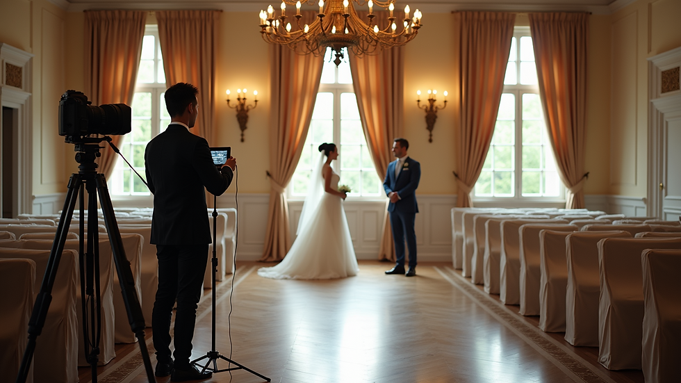 Wide angle view of a wedding venue with a photographer setting up equipment
