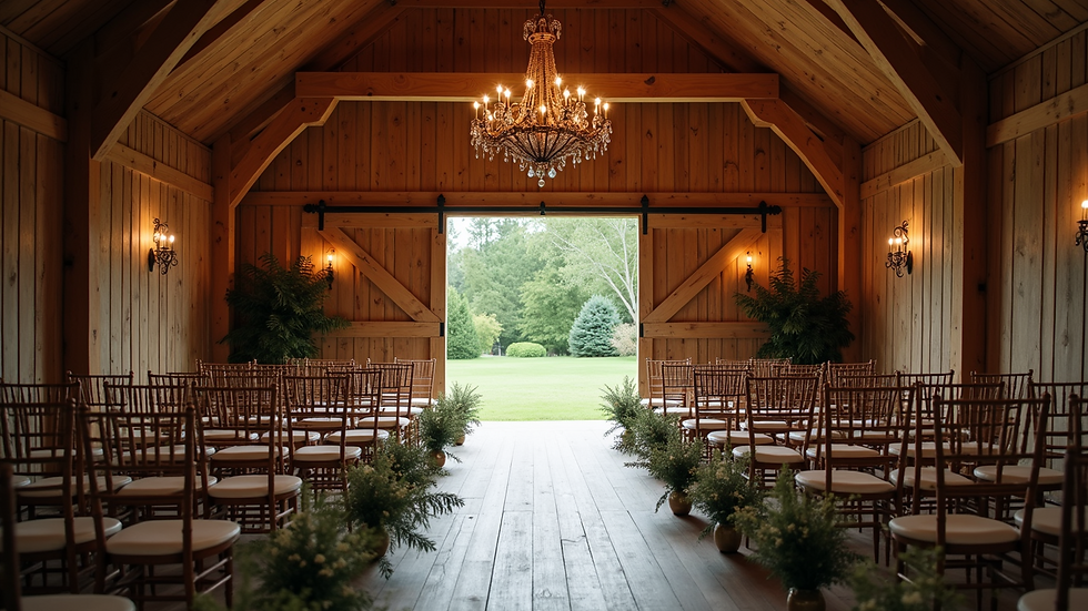 Wide angle view of a wedding ceremony setup in a rustic barn