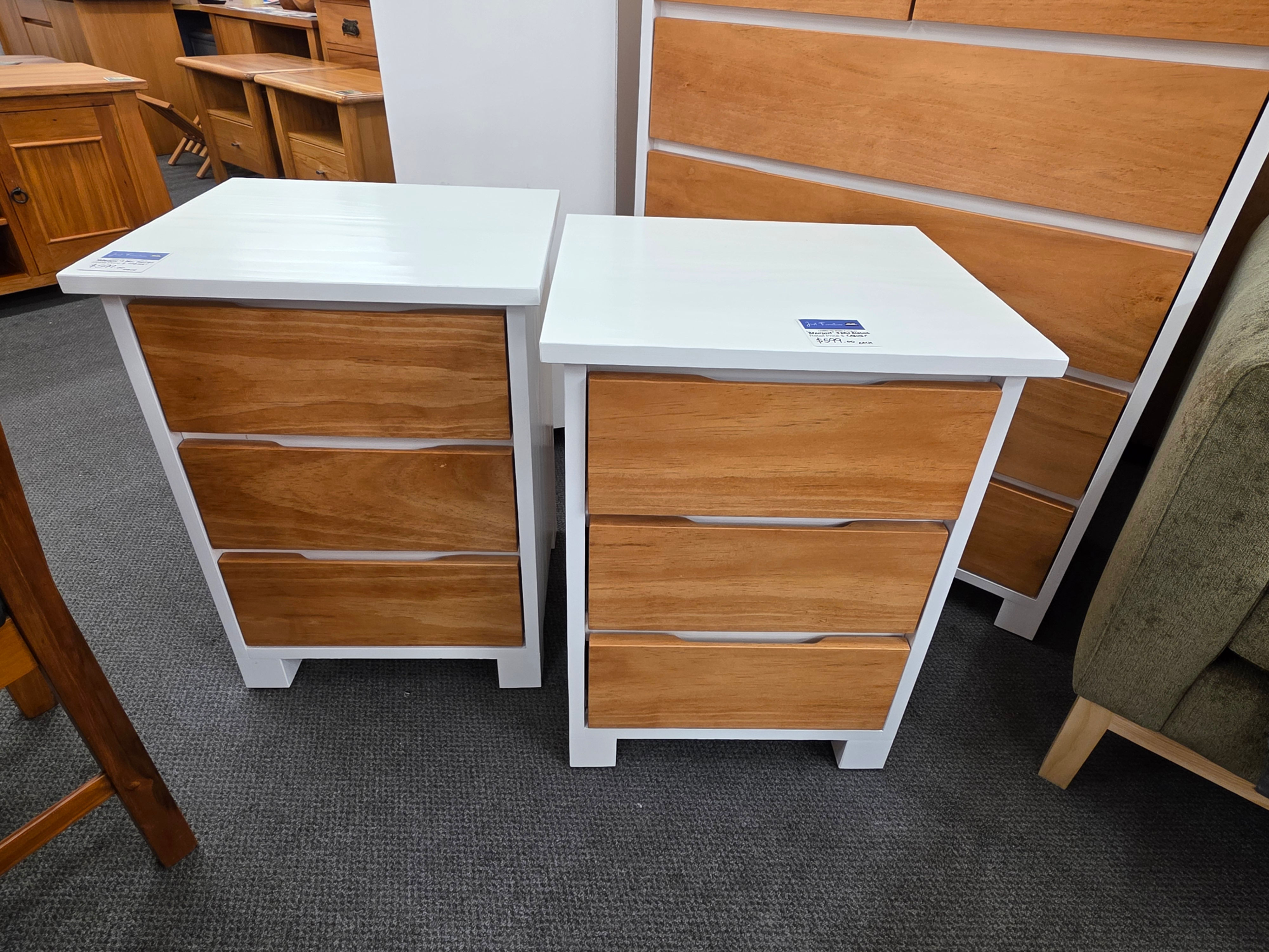 Brandon NZ made pine 3 drawer bedsides cabinets