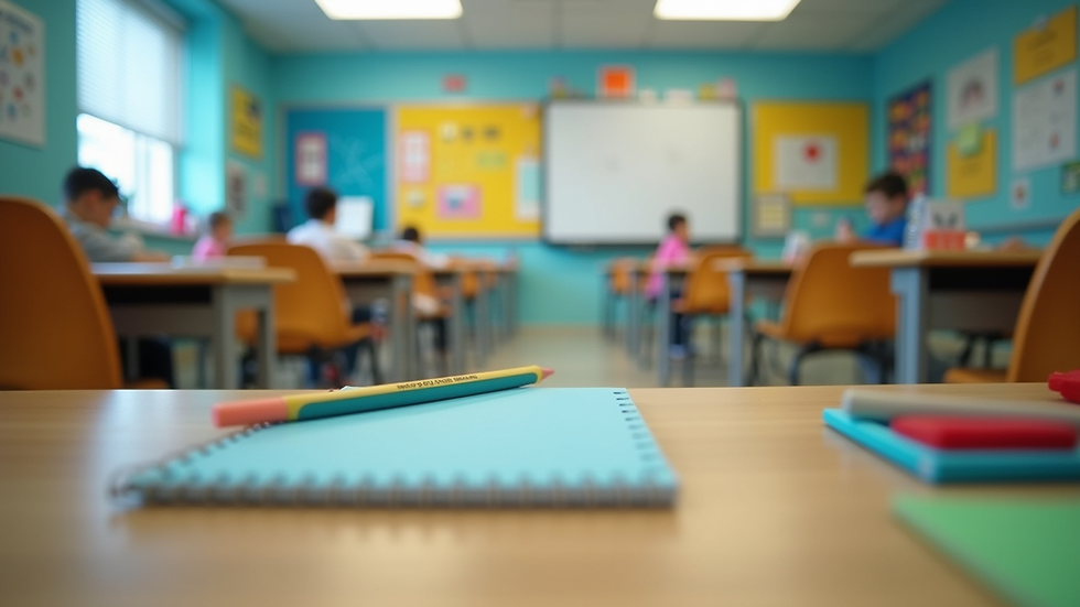 Eye-level view of a colorful classroom filled with educational materials