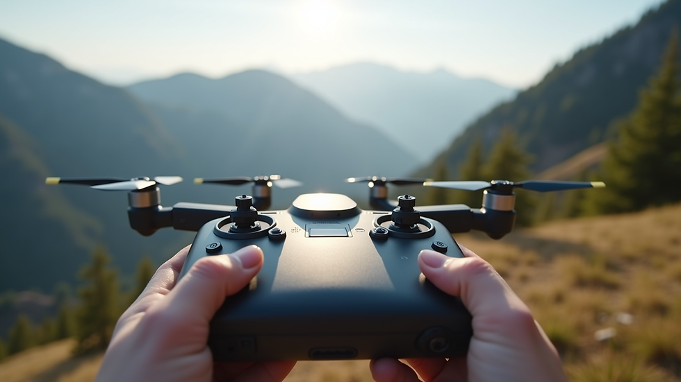 Eye-level view of a drone controller with a scenic mountain landscape in the background