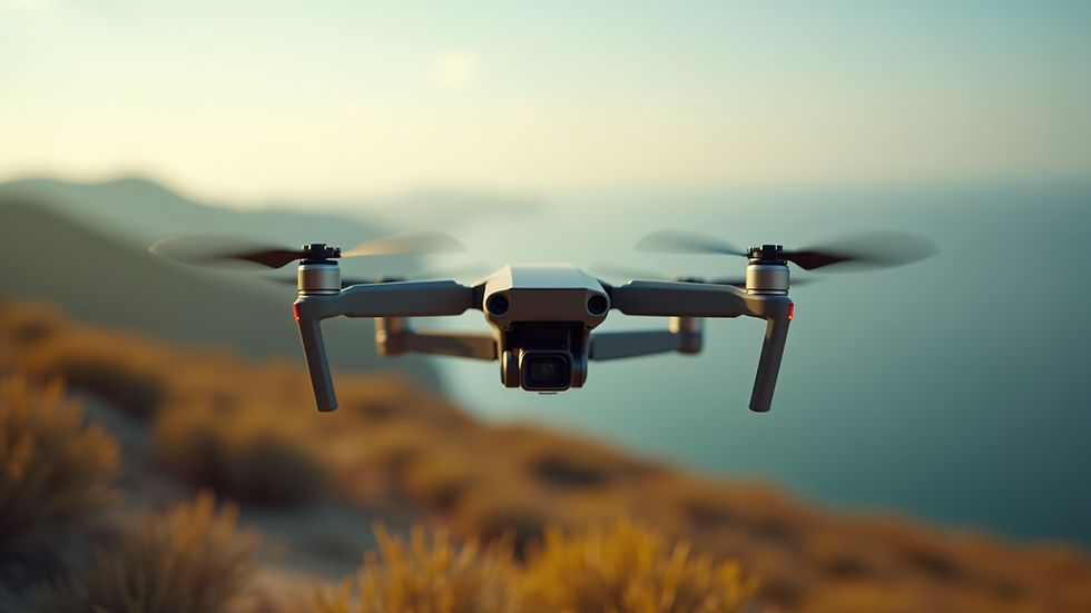 Close-up view of a drone capturing aerial footage over a scenic landscape