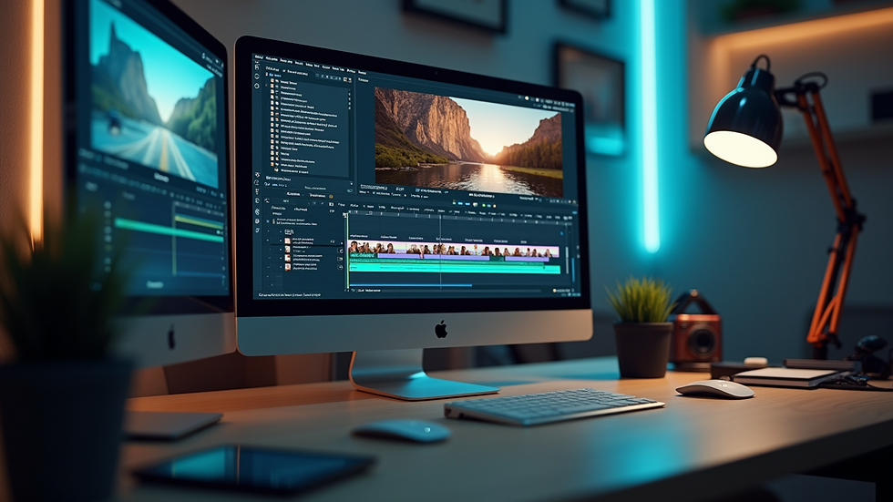 Eye-level view of a creative workspace with a computer showing a video editing timeline