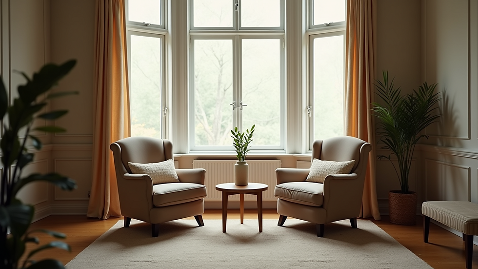 High angle view of a cozy living room with two chairs and a small table
