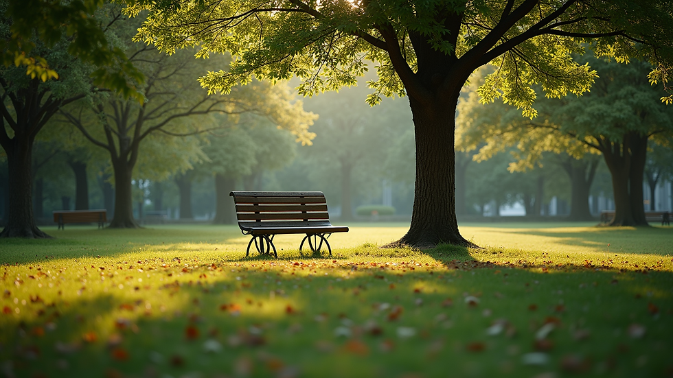 Eye-level view of a quiet park with a bench under a tree