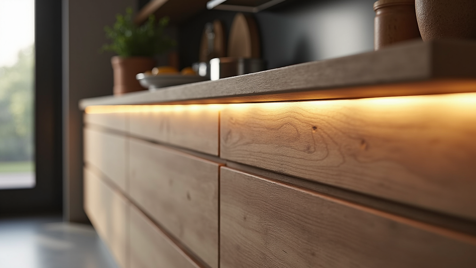 Plano detalle de isla de cocina con iluminación LED y acabados en madera