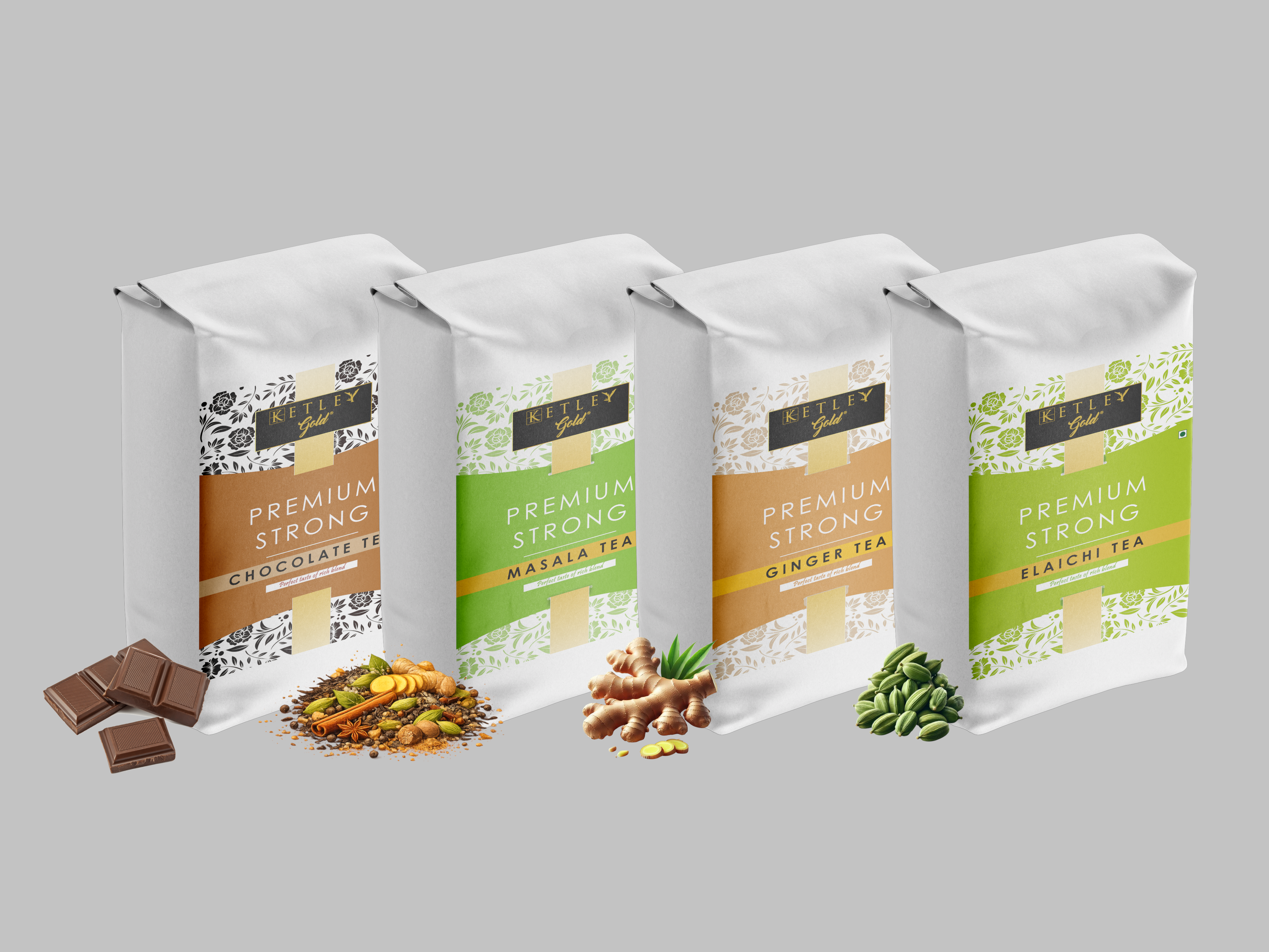 four tea pouches containing chocolate, masala, ginger and elaichi flavoured teas from Ketley Gold Tea