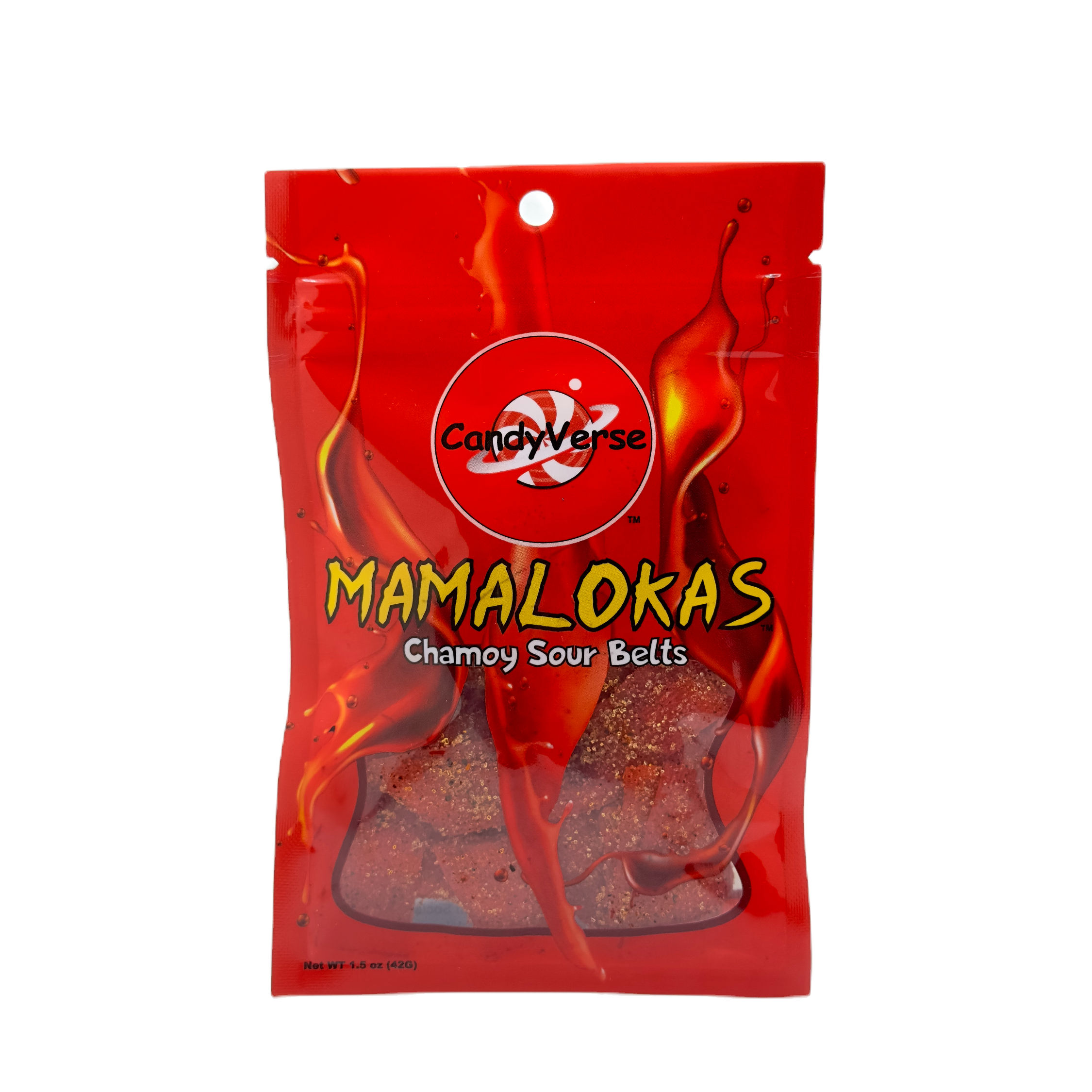 Front view of MamaLokas chamoy belts package