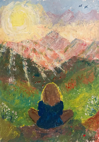 Painting girl sitting looking at the mountains in the sunlight