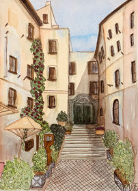 Side street in Rome, view into a backyard with restaurant garden
