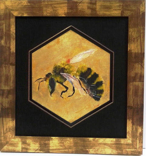 Hexagon-shaped custom frame featuring bee artwork with layered geometric design.