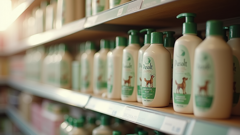 Eye-level view of eco-friendly pet care product packaging on a shelf