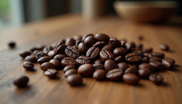 Eye-level view of large Liberica coffee beans spread on a wooden surface