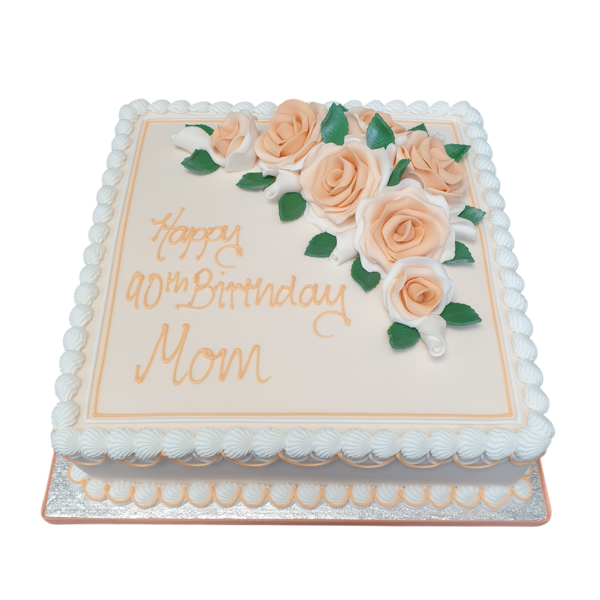 A stunning 10" square cake adorned with beautiful roses, perfect for special occasions and celebrations in UK.