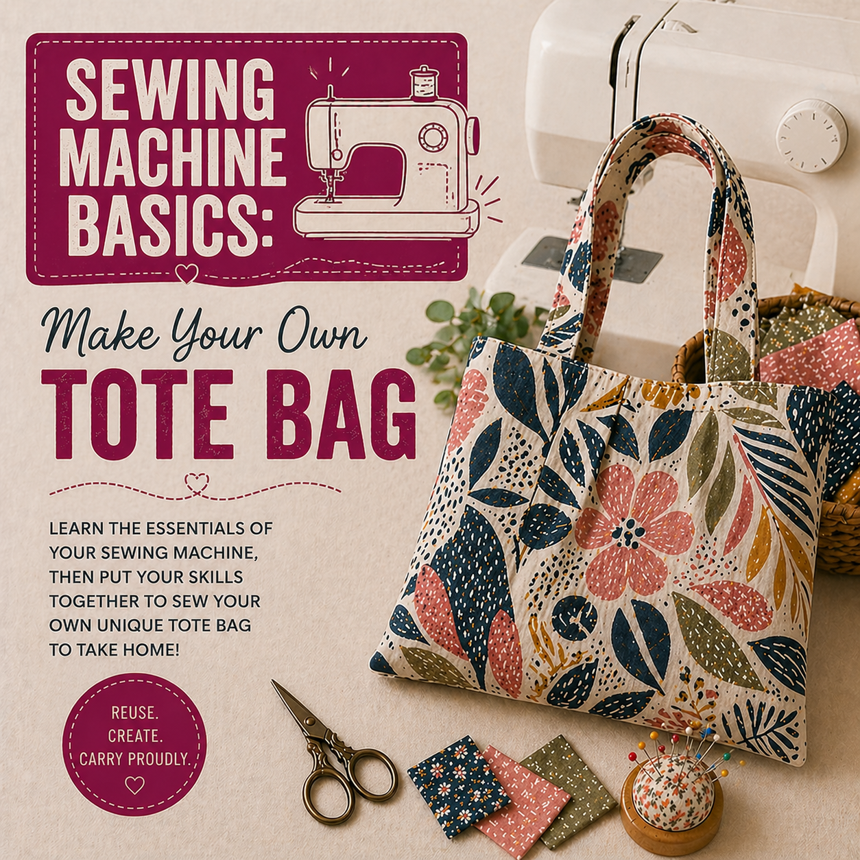 *CREATIVE SATURDAYS* Sewing Machine Basics - Make A Tote Bag - 20 Jun - 10am-2pm