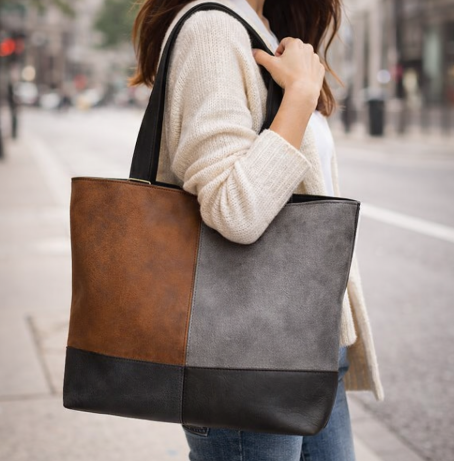Two-Tone Patchwork Tote Bag - Browns