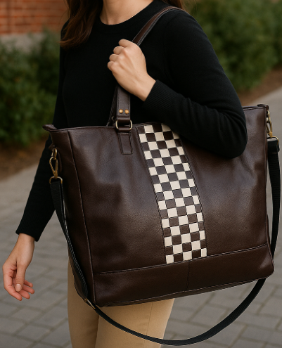 Oversized Leather Work Tote - Brown with Checkers