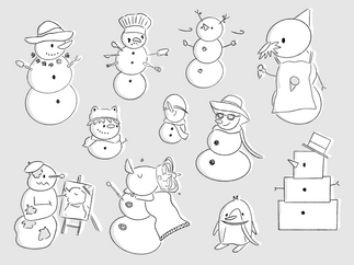 a series of greyscale drawings of snow people - a gardener, a cross chef, one with branches in their head, an ice cream seller, one wearing a frog hat, one with their hat over their eyes, a sunny snowman, a square snowman, a penguin, a tired artist painting a picture of a fancy royal snowman