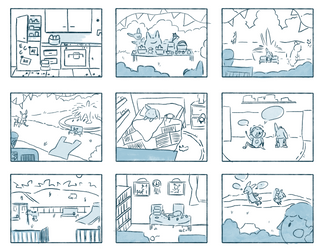 nine thumbnails - a kitchen, mummy bunny showing off easter prizes, bunny blue by a fountain x 2, bunny blue in bed, bunny blue talking to the human girl, a park with hidden eggs, bunny blue exhausted at the dining room table, human girl watching an overworked bunny blue and mummy bunny