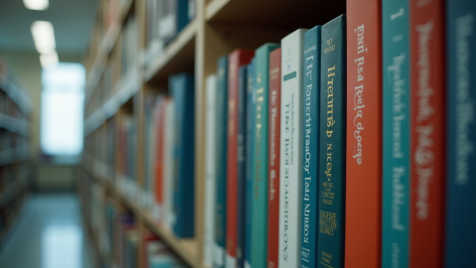 Eye-level view of a bookshelf filled with nursing textbooks