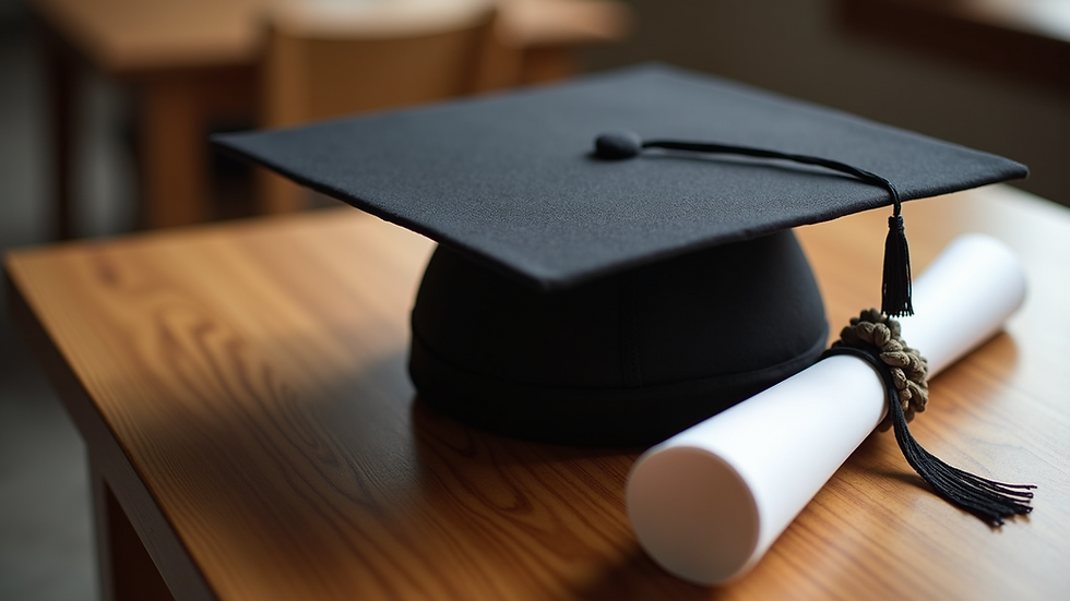 High angle view of a graduation cap and diploma on a wooden table
