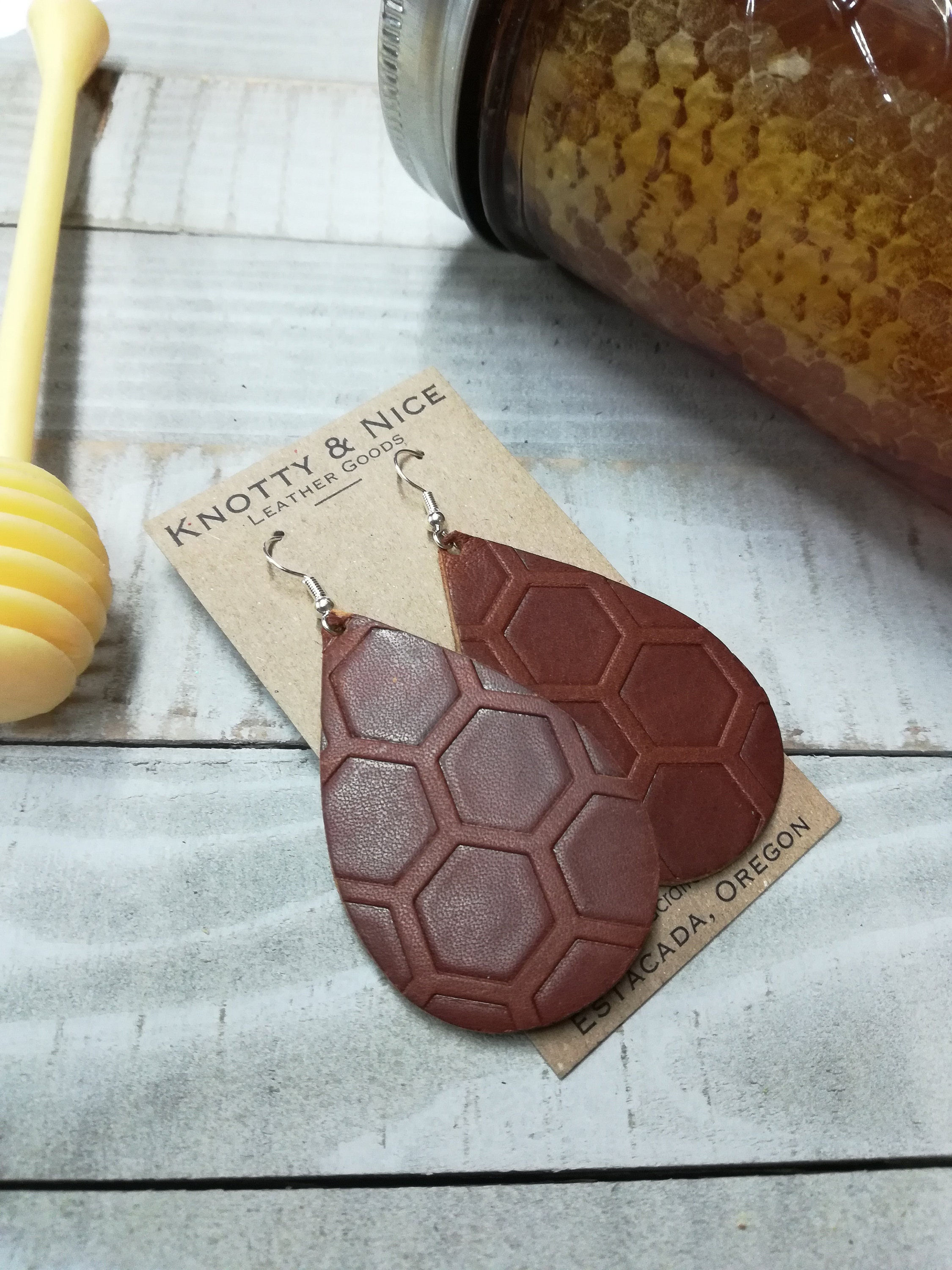 Bee Kind honeycomb print hand embossed Genuine leather teardrop earrings