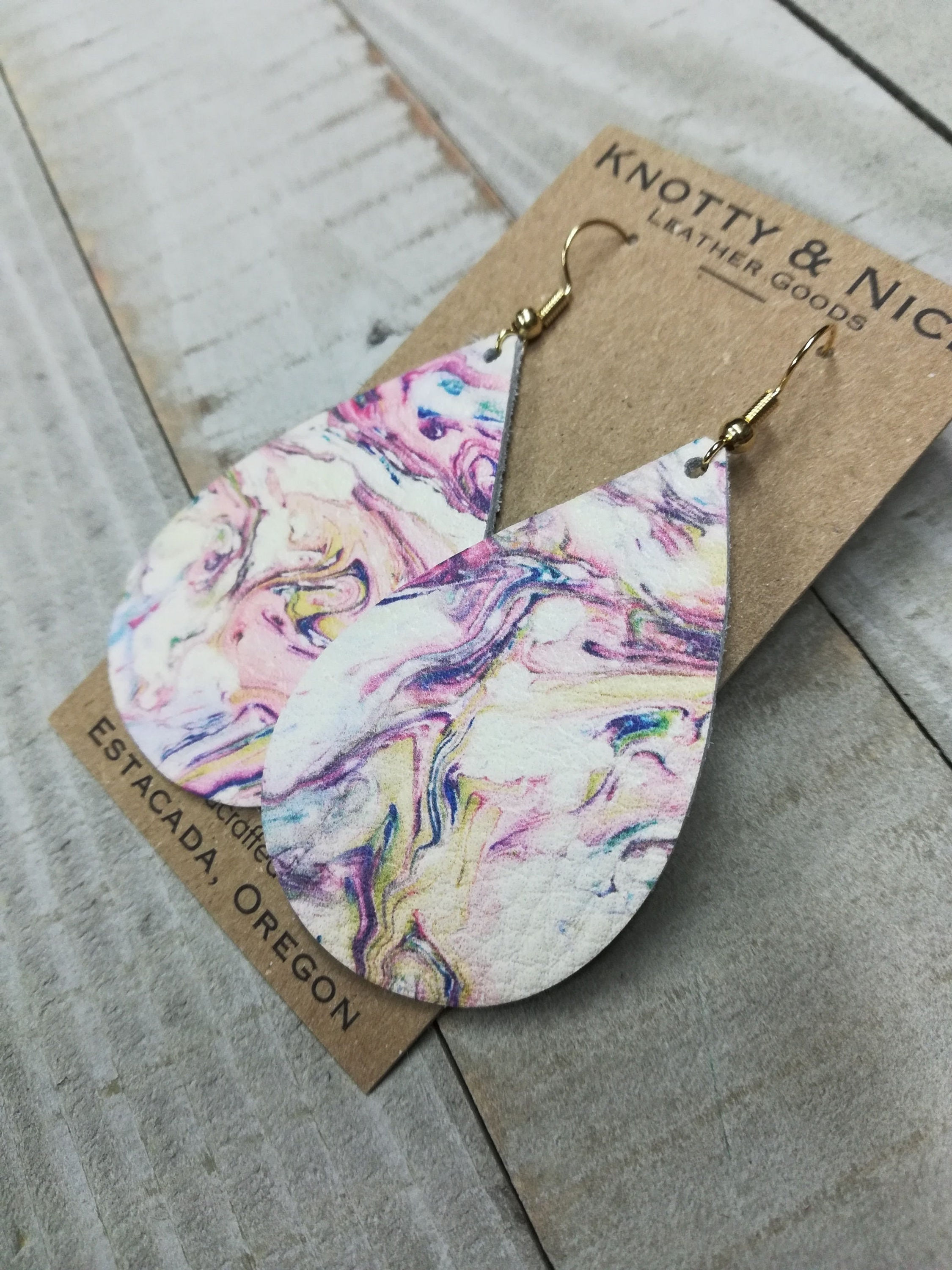 Pastel Marble Spring leather teardrop earrings