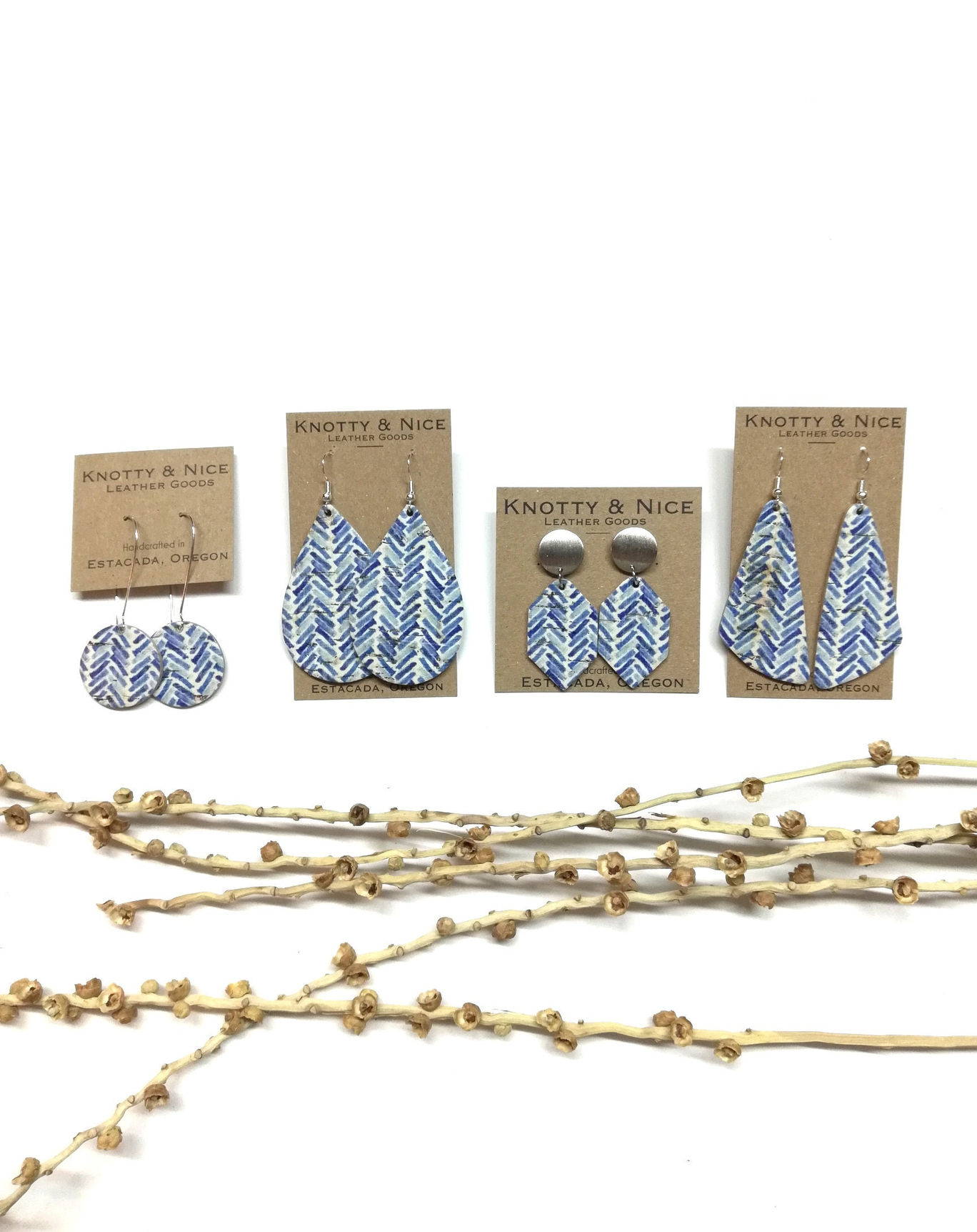 Blue and white Chevron thatch cork on leather earrings