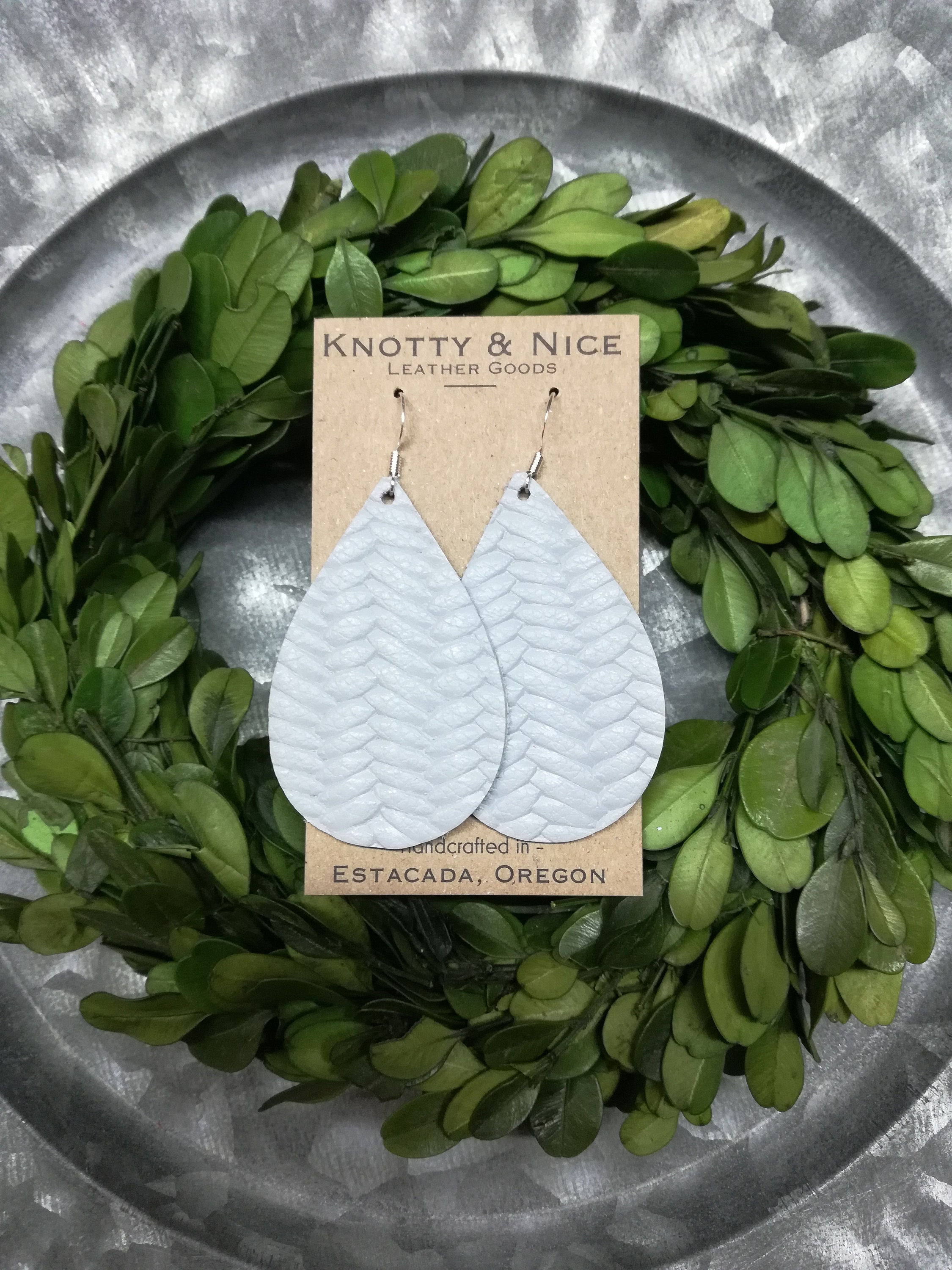 Cloud Grey Genuine leather fishtail braid weave teardrop earrings