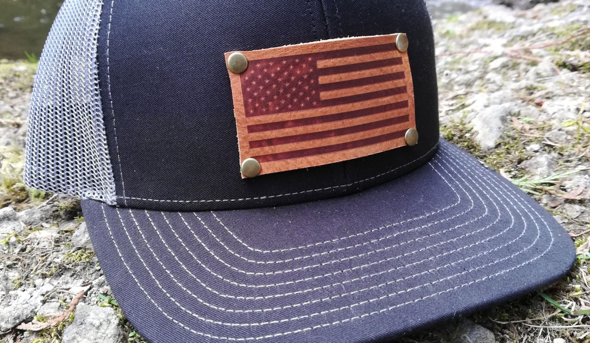 American flag USA firebranded leather patch trucker cap