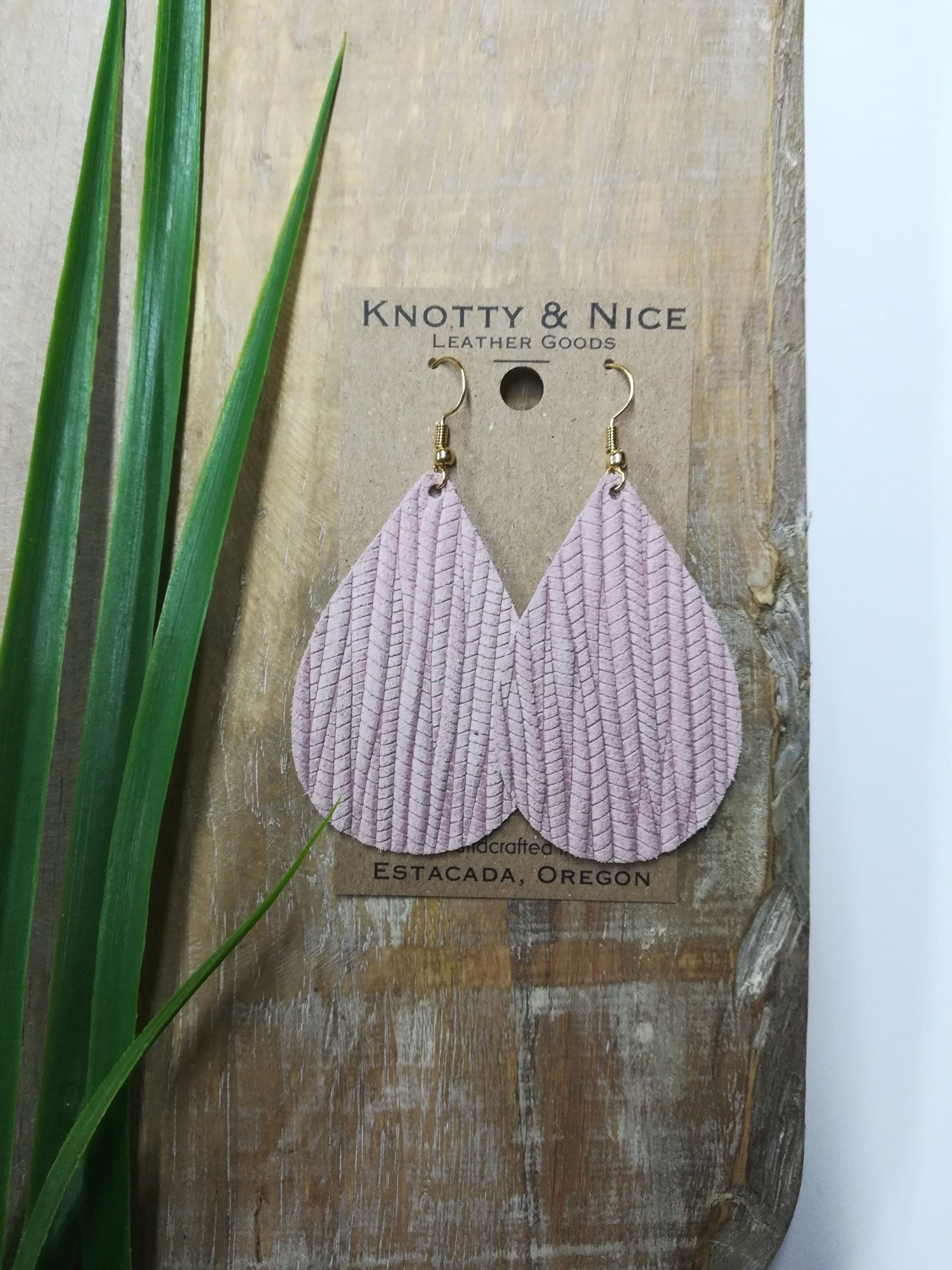 Light Rose Pink Genuine leather teardrop earrings Palm weave texture