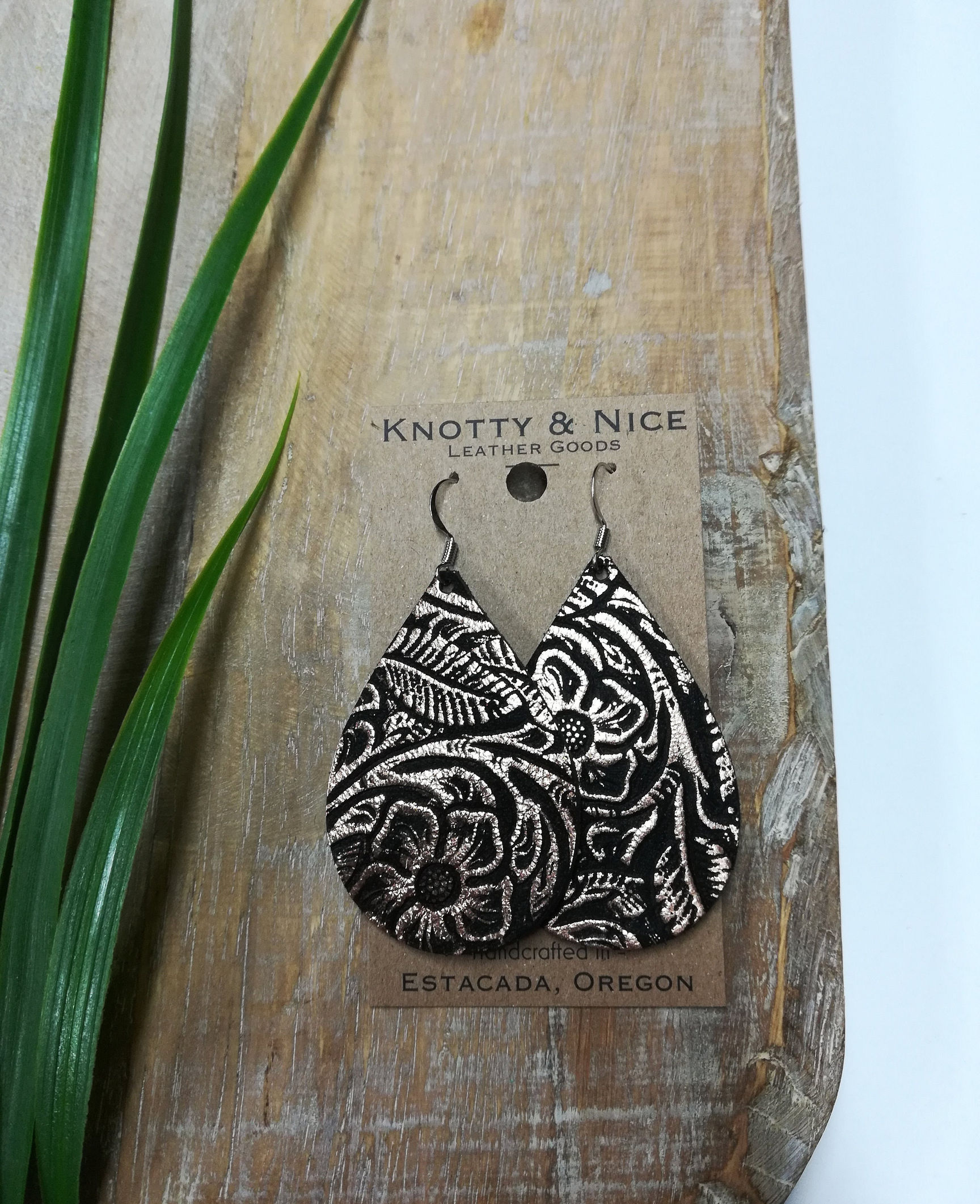 Western floral tooled black with metallic Rose Gold Genuine leather teardrop ...