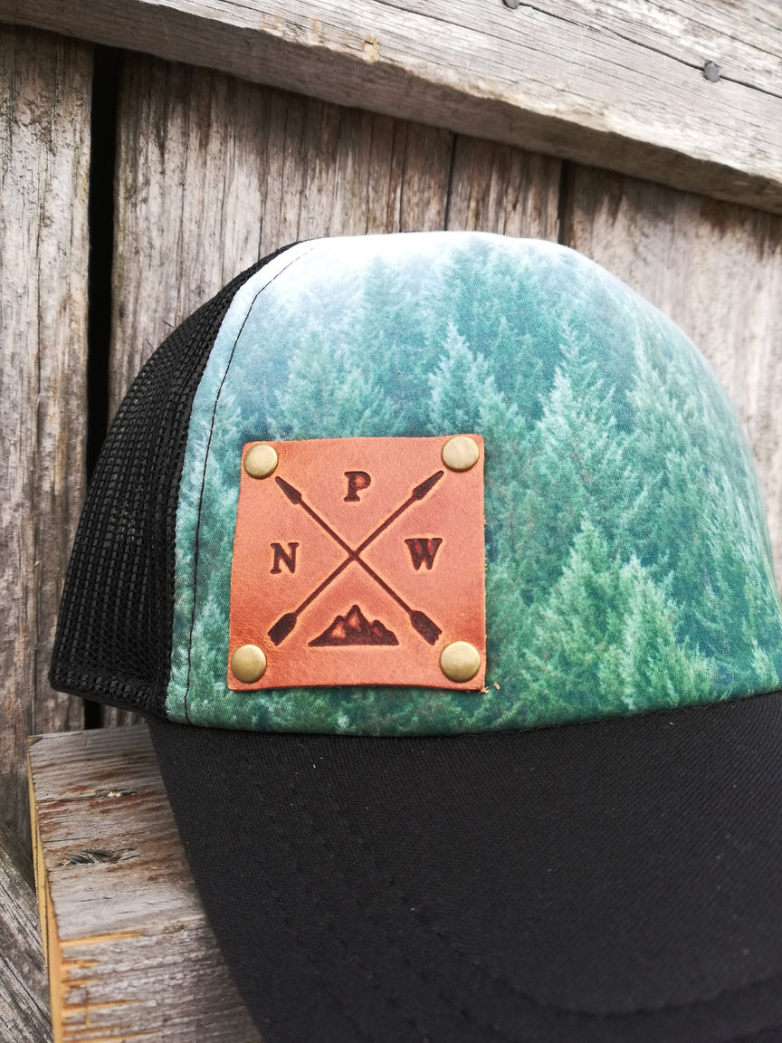 Thumbnail: Branded leather patch trucker hat cap topographic, hiking, PNW, ROAM, Oregon,...