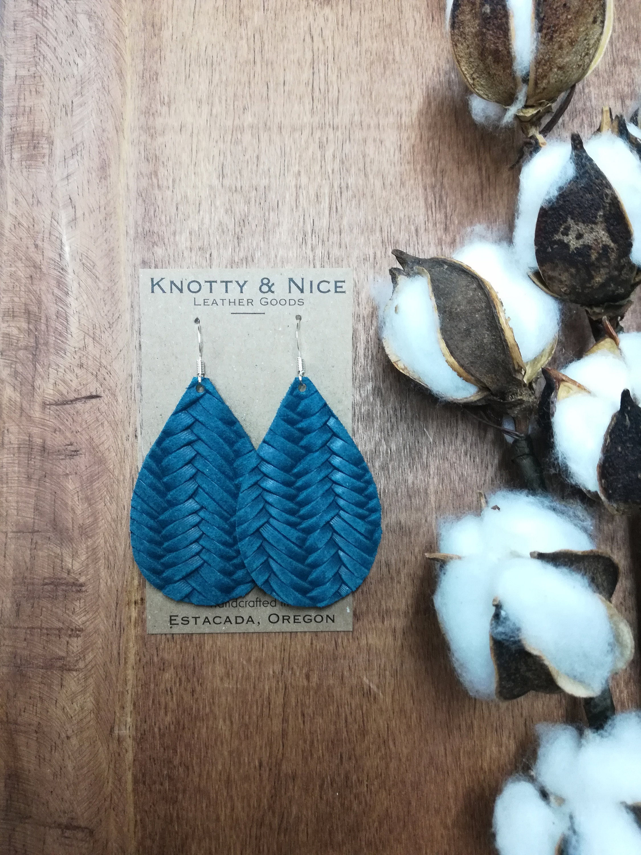 Deep Teal Blue Genuine leather fishtail braid weave teardrop earrings