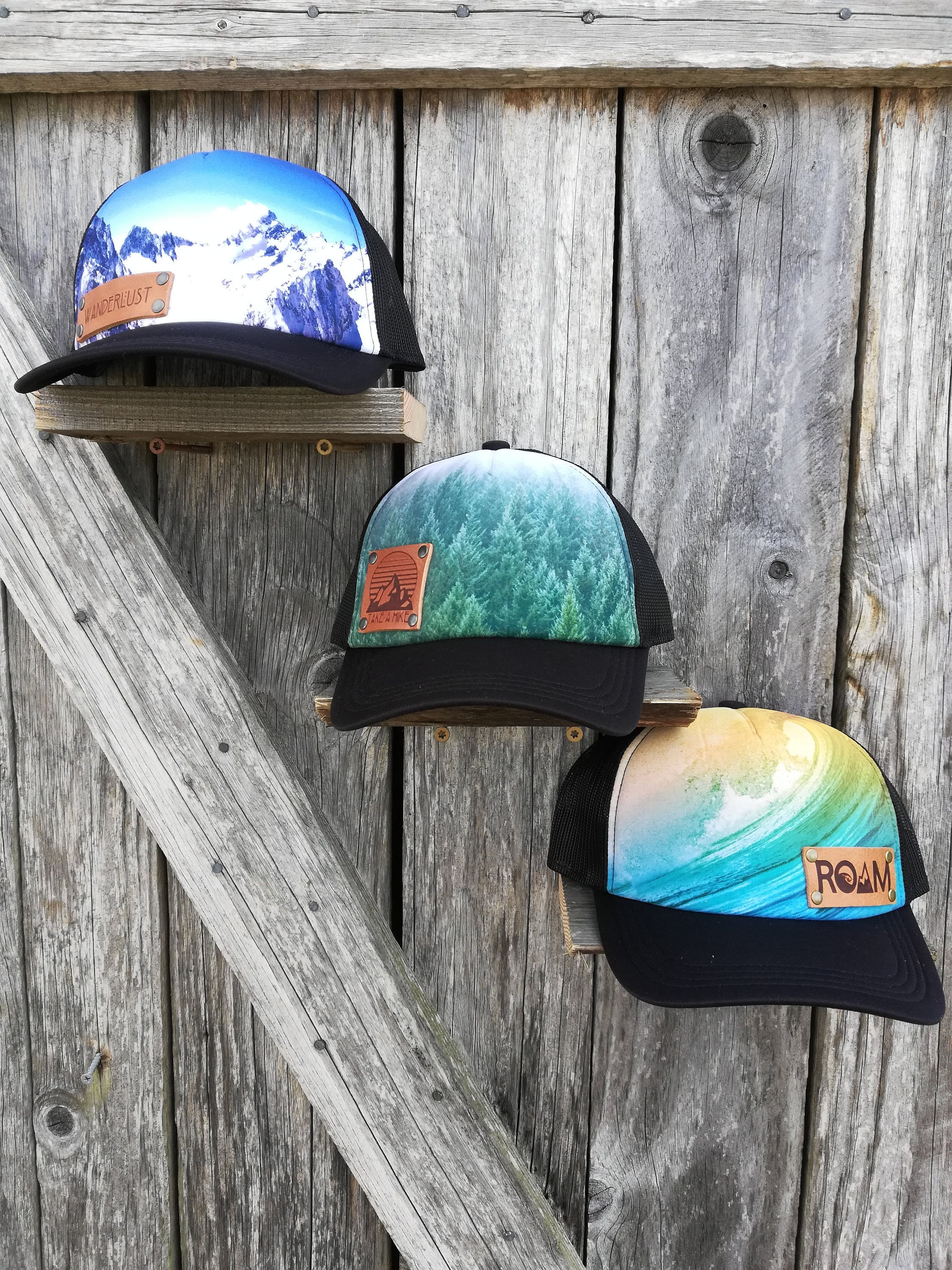 Summer photo trucker cap with leather branded patch, trees, waves, mountain, ...