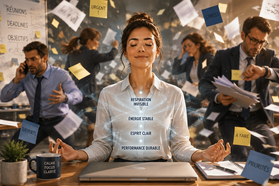 Dirigeante souriante, dynamique et sereine au milieu du chaos illustrant les bénéfices de la respiration invisible sur le stress, la résilience et la performance.