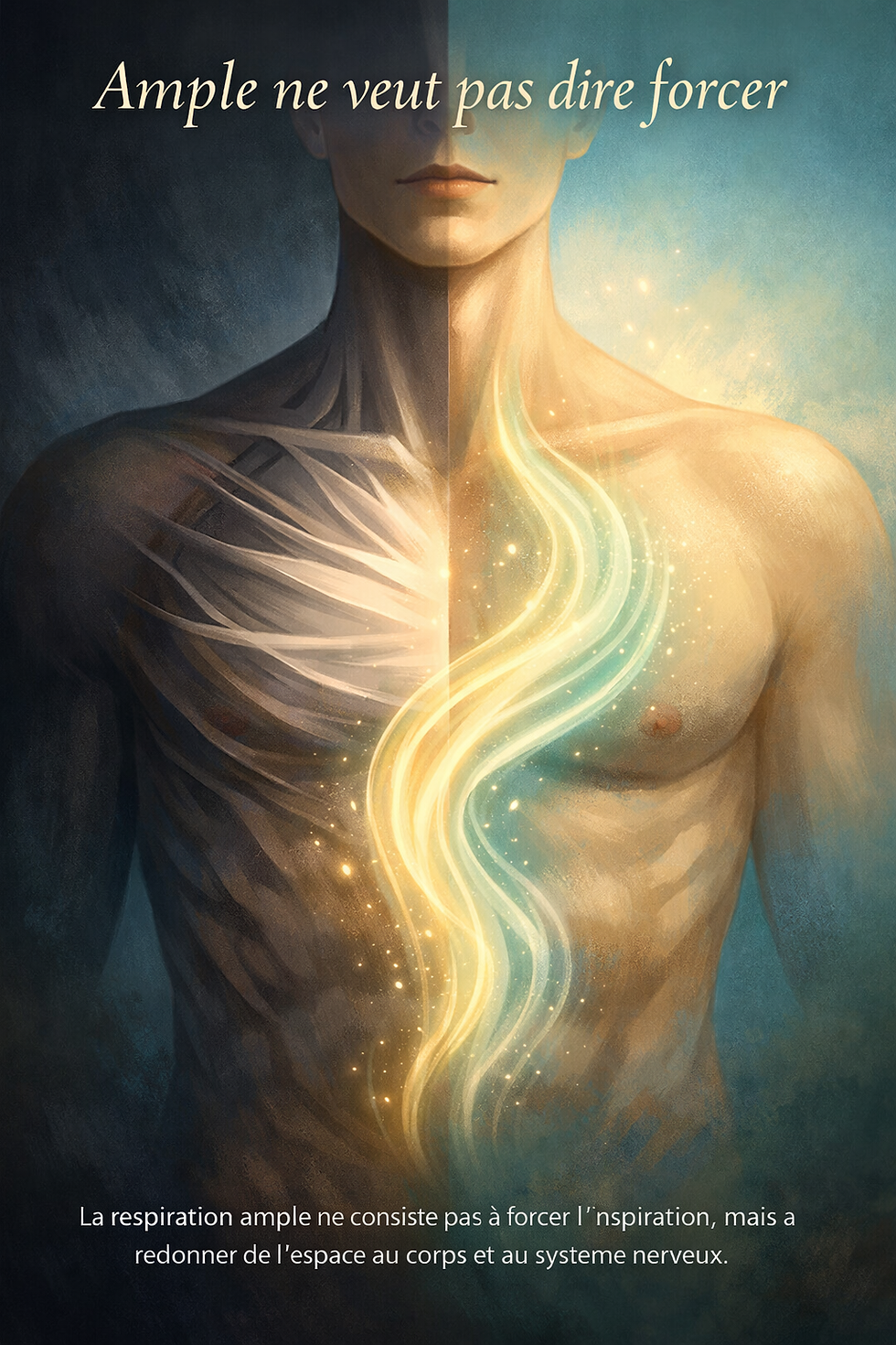 Respiration ample naturelle sans forcer – illustration pédagogique montrant un souffle fluide et un corps détendu pour la gestion du stress et la stabilité intérieure